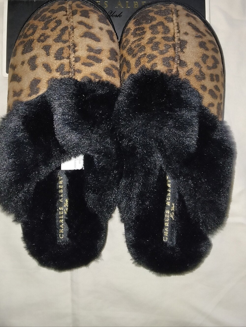 Charles Albert Leopard Print Slippers with Black Faux Fur Trim